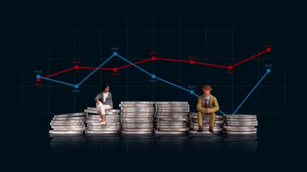 Two Miniature People Sitting Pile Coins Two Line Graphs Business — Stock Video