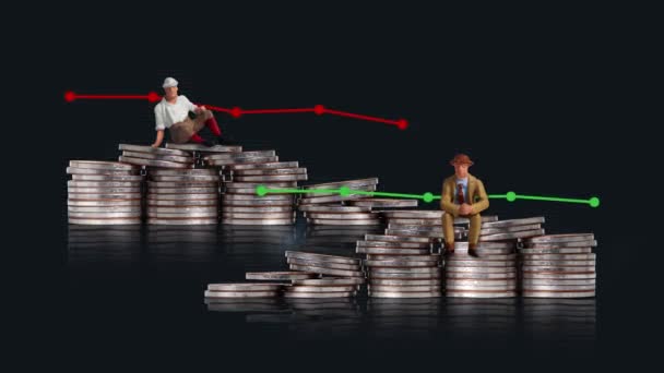 Two Pile Coins Two Miniature People Two Line Graphs Business — Stockvideo