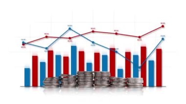 Pile of coins with line graphs and bar graphs. Comparison graph of return on investment.