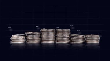 Pile of coins and rapidly changing number. Graphs and business concepts.