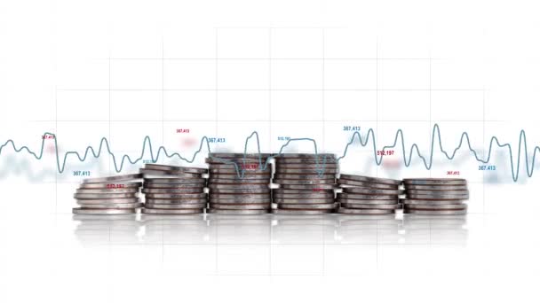 急速に変化する数のコインと線形グラフの山 グラフとビジネスコンセプト — ストック動画