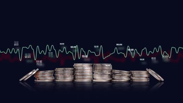 グラフやビジネスコンセプト 急速に変化する数のコインと線形グラフの山 — ストック動画