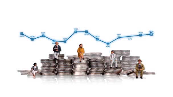 Business Concept Miniature People Sitting Coins Graphs Concept Fluctuating Values — Stockvideo