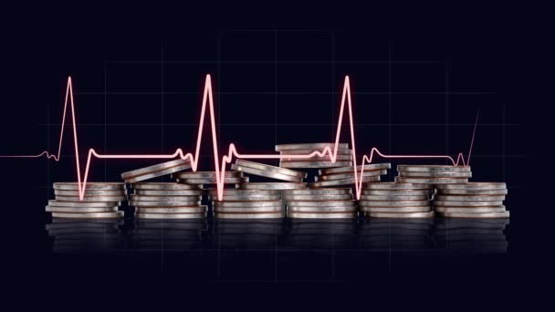 Business Concept Coins Graphics Pile Coins Heartbeat Graph — Stock Video