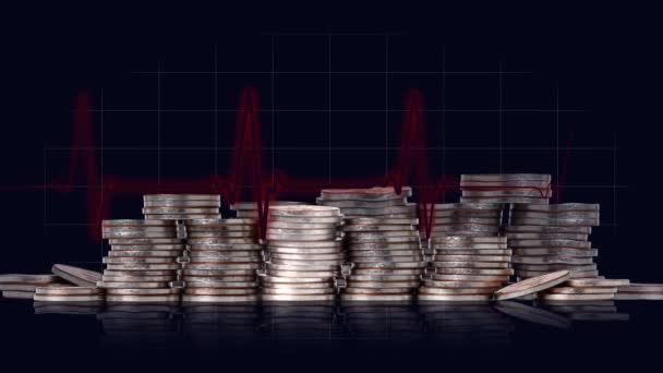 Business Concept Coins Graphics Pile Coins Heartbeat Graph — Stock videók