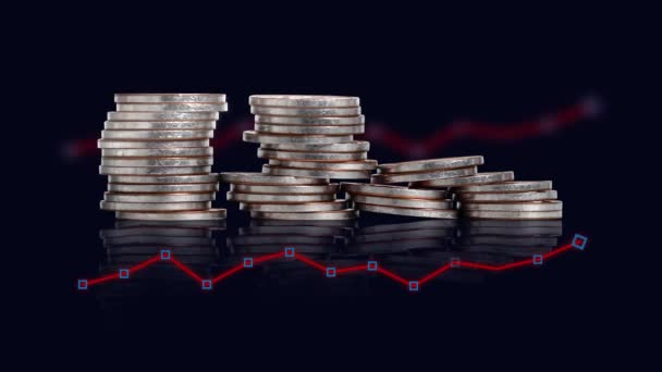 Business Concept Coins Graphics Pile Coins Line Graph — стоковое видео