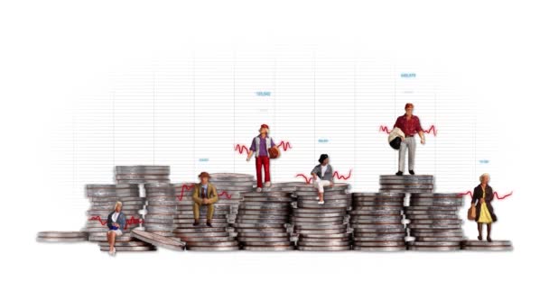 Coins Miniature People Concept Individual Income Economic Differences — Vídeo de Stock