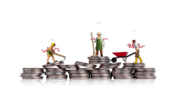 Coins Miniature People Concept Individual Income Economic Differences — Αρχείο Βίντεο