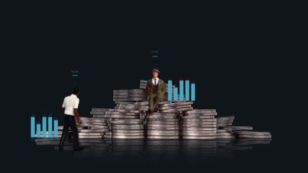 Piles Coins Bar Graphs Miniature People Concepts Race Economic Differences — Stock Video