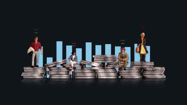 ミニチュアの人々とコインや棒グラフの山 収入の個人差の概念 — ストック動画
