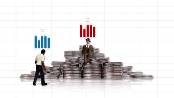 Piles Coins Bar Graphs Miniature People Concepts Race Economic Differences — Vídeos de Stock