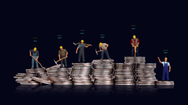 Miniature Workers Pile Coins Graphics Business Concept Concept Competitive Society — Vídeos de Stock