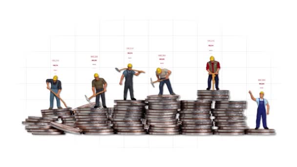 Miniature Workers Pile Coins Graphics Business Concept Concept Competitive Society — Stockvideo