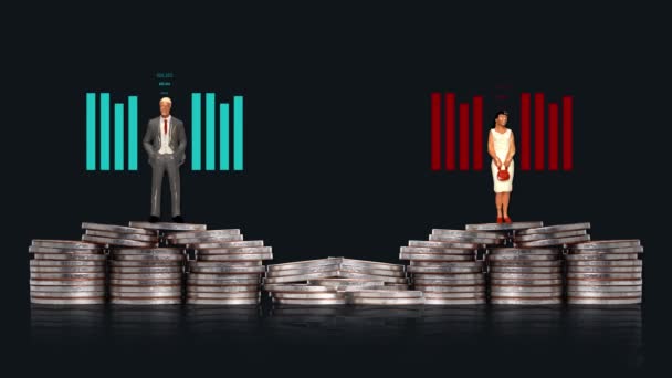 Miniature Man Miniature Woman Standing Pile Coins Graph Concept Gender — Stockvideo