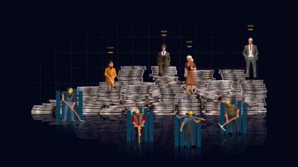Stapel Von Münzen Und Miniaturmenschen Und Graphen Konzept Zur Einkommensungleichheit — Stockvideo
