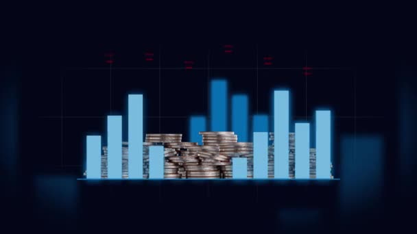 Увеличение Числа Графиками Столбцов Грудами Монет Концепция Финансового Биржевого Рынка — стоковое видео