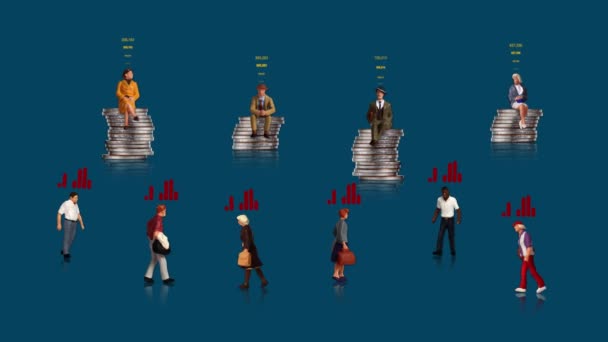 Stos Monet Różnych Miniaturowych Ludzi Koncepcja Biznesowa Miniaturowymi Ludźmi Grafiką — Wideo stockowe