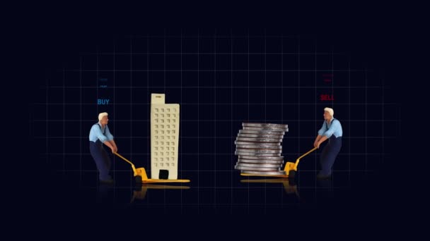 Miniature Man Building Cart Miniature Man Coins Concept Price Fluctuations — Stockvideo