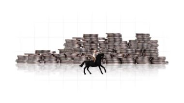 Minyatür biniciler ve bozuk para yığınları. Rekabet hakkındaki kavramlar ve zengin ve fakir arasındaki uçurum.