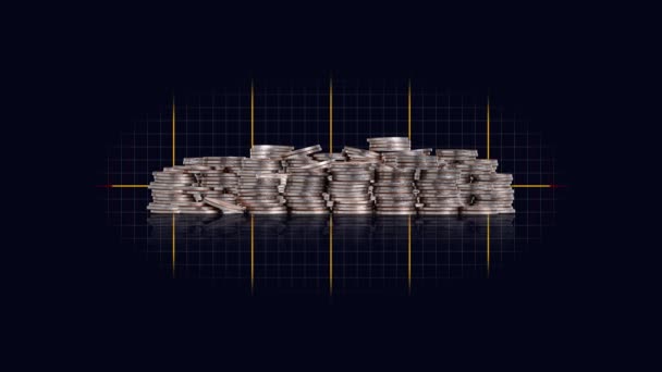 商业概念与成堆的硬币和图形 关于利率波动和金融危机的概念 — 图库视频影像