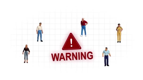 白い背景に赤い警告が表示されます ミニチュア人とグラフィックとのビジネスコンセプト — ストック動画