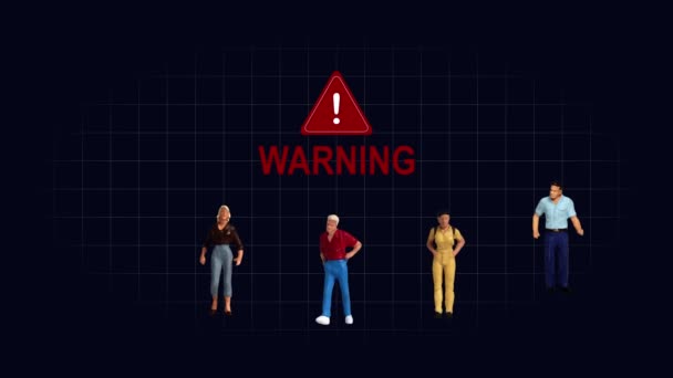 暗い背景に赤い警告が表示されます ミニチュア人とグラフィックとのビジネスコンセプト — ストック動画