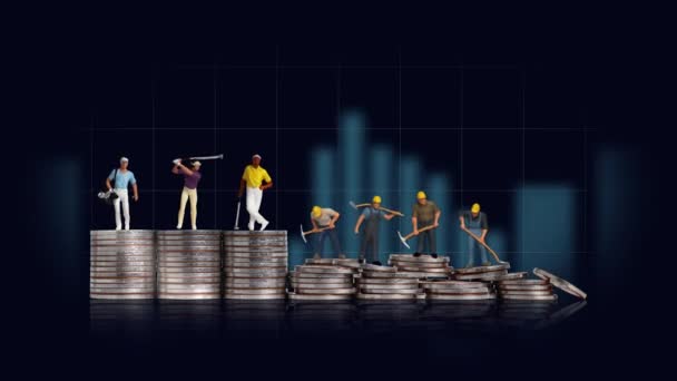 Бізнес Концепція Купами Монет Мініатюрних Людей Концепція Соціальної Стратифікації — стокове відео