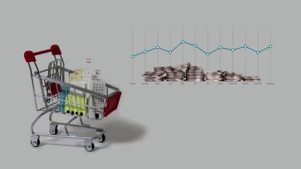 Miniaturowe Obudowy Wózkach Sklepowych Wahania Rocznych Wykresów Linii Koncepcja Wahań — Wideo stockowe