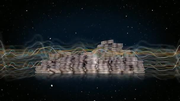 コインの山と宇宙空間で踊る波長のグラフ カーブグラフとビジネスコンセプト — ストック動画