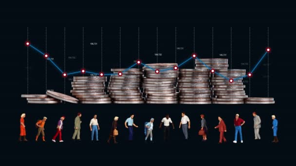 Колеблющиеся Линейные Графики Миниатюрные Люди Монеты Концепция Конкурентоспособного Общества — стоковое видео