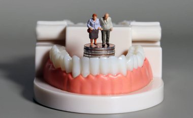 Yaşlılar için diş masraflarının yükü. Diş modellerinde bozuk paraların üzerinde duran yaşlı insanlar.