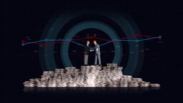 Minyatür Adam Bozuk Para Yığınının Üstünde Sıkışıyor Bozuk Para Grafik — Stok video