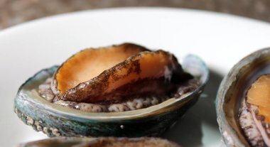 Kore 'nin sağlıklı deniz kulağı. Beyaz tabakta taze deniz kulağı..