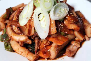 Kore usulü kızarmış baharatlı kalamar. Baharatlı kalamar kızartması..