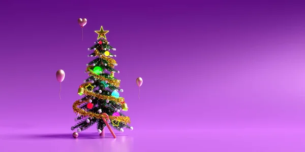 Chrismas Tree Ornaments Purple Violet Composition Website Poster Happiness Cards — Stock Photo, Image