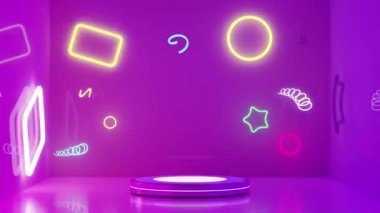 3 boyutlu silindir sahne podyumu neon ışıkları, disko ışıkları, soyut geometrik kozmetik vitrin kaidesi mor, mor arka plan. Model modern sahne, 3D animasyon
