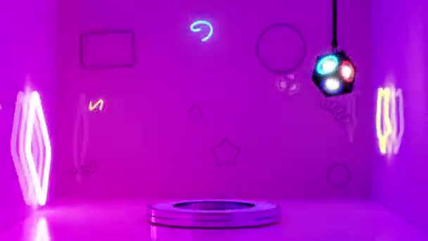 ネオン ディスコライト 抽象幾何学的な化粧品ショーケース台座紫 紫色の背景を持つ部屋に空の3Dシリンダーステージ表彰台 最小限のモックアップ現代のシーン3Dアニメーション — ストック動画