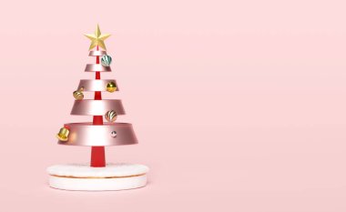 Pembe arka planda kar ve süslemeleri olan Noel ağacı kürsüsü. Noeli ve şenlikli yeni yılı, 3 boyutlu illüstrasyonu ya da 3 boyutlu canlandırmayı, kırpma yolunu kavrayın