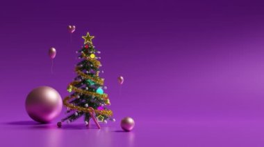 Web sitesi için Noel ağacı ve mor veya menekşe süsleri, Mutlu noel afişi ve şenlikli yeni yıl, 3D animasyon