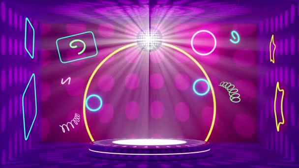 Cilinder Podium Leeg Kamer Met Neon Bal Disco Lichten Abstracte — Stockvideo
