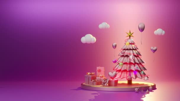 Pódium Vánočním Stromečkem Ornamenty Fialové Nebo Fialové Kompozici Pro Moderní — Stock video