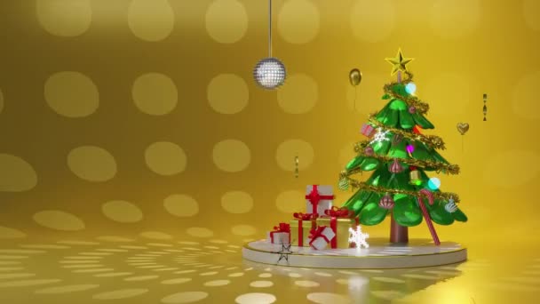 Árvore Natal Com Luzes Discoteca Bola Flocos Neve Ornamentos Caixa — Vídeo de Stock