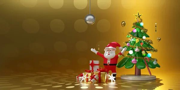 Christmas Tree Santa Claus Ball Disco Lights Snow Flakes Ornaments — Stock Photo, Image