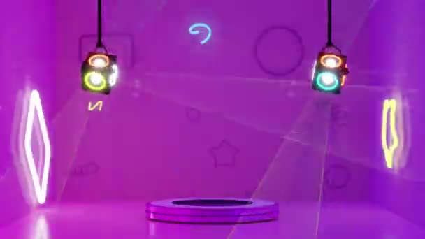 Cilinder Podium Leeg Kamer Met Neon Discolampen Abstracte Geometrische Cosmetische — Stockvideo