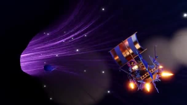 スチームパンクな飛行船とハイパースペーストンネルでのクジラの飛行 紫の光は 高速ストレッチ 寸法間の旅行 ループ3Dアニメーション — ストック動画