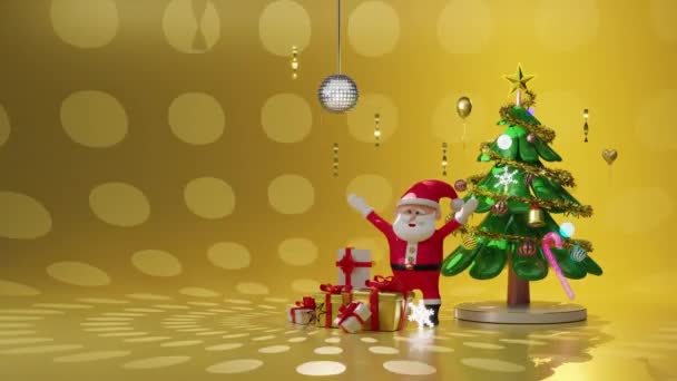 Vánoční Stromek Santa Clausem Míčové Diskotéky Sněhové Vločky Ozdoby Dárková — Stock video