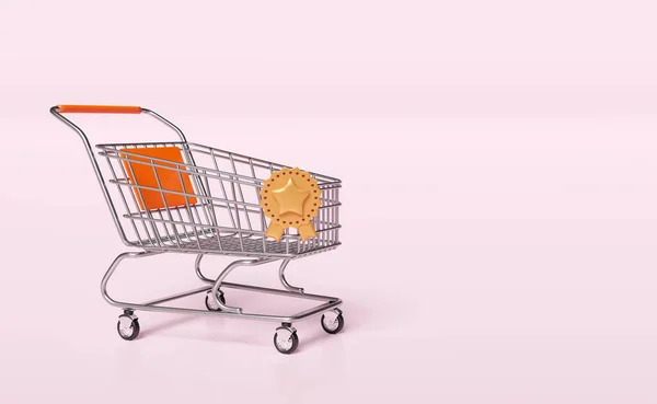 Shopping Carts Basket Golden Quality Guarantee Ribbon Isolated Pink Background — Stock Photo, Image