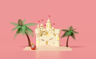 Kuleleri, kaleleri, kapıları ve bayrakları, kumlu plajları, palmiyeleri, hindistancevizi, yaz tatili konsepti, 3D çizimi veya 3D çizimi olan kumdan bir kale.
