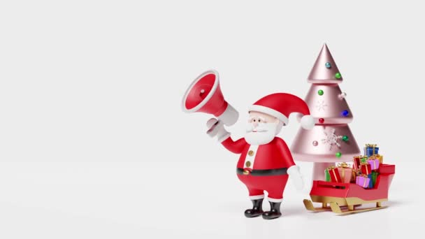 Санта Клаус Мегафоном Громкоговорителем Сани Подарочная Коробка Елка Белом Фоне — стоковое видео