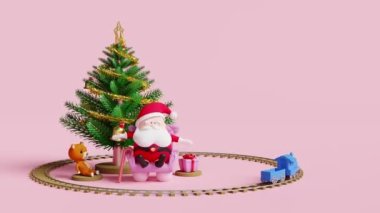 Noel ağacında Noel Baba koltukta oturuyor, buharlı tren oyuncağı, pembe arka planda izole edilmiş hediye kutusu. Noel afişi, şenlikli yeni yıl, döngü 3D animasyon